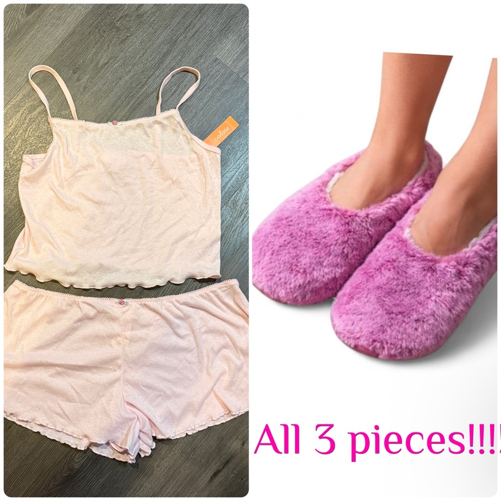 NWT COLSIE pj set with Pink AUDEN Slippers. Size L pjs and slippers M/L. Get 3!!